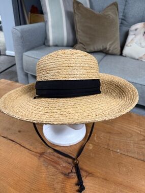 Wide-Brim Straw Sun Hat with Black Band and Chin Cord